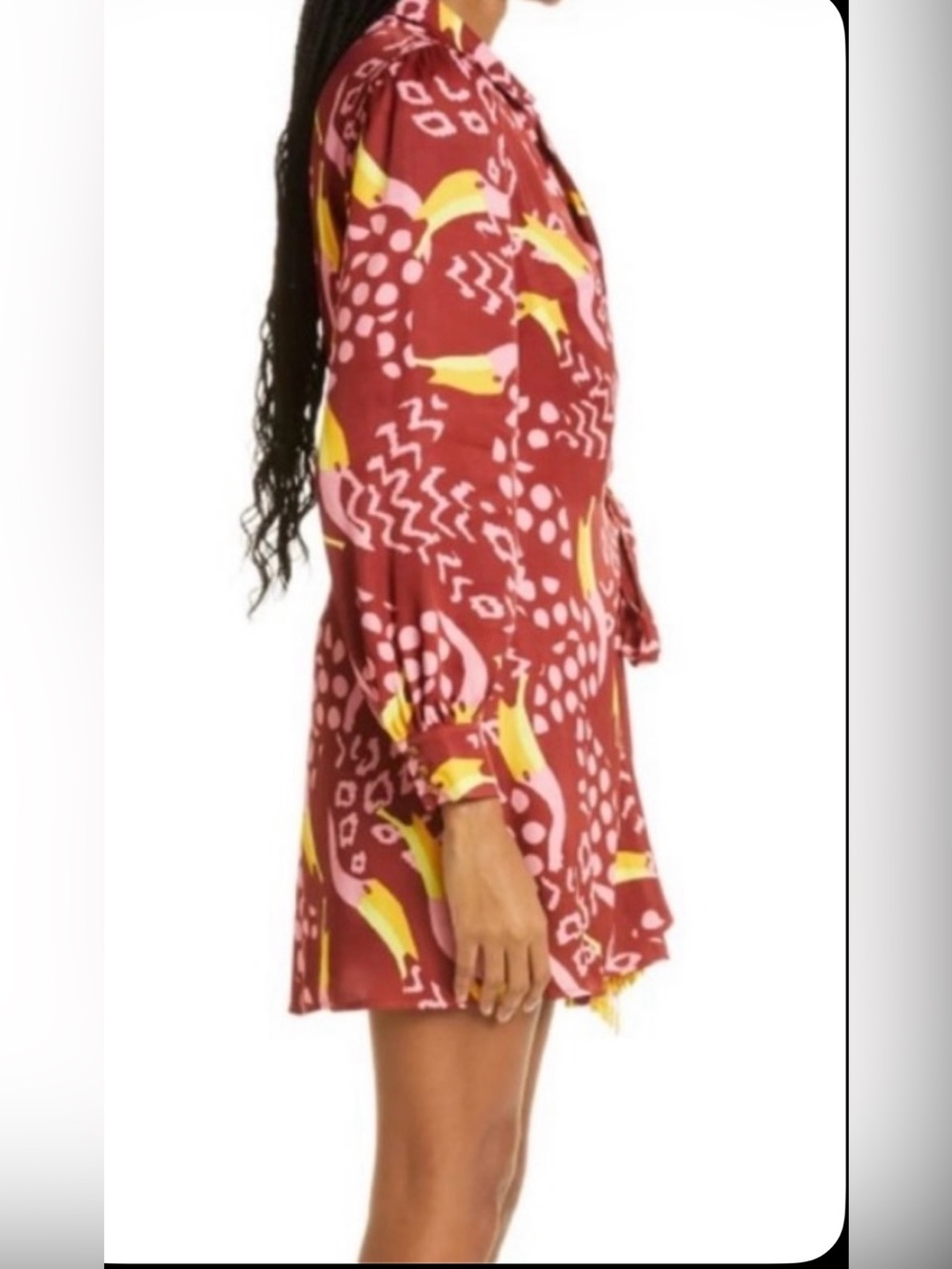 ⭐️HP⭐️! FARM RIO Toucanissimo! Cocktail Mini-Mock-Wrap Dress in Burgundy/Yellow - Picture 4 of 16